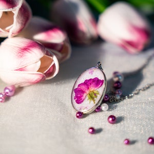 Purple Flower Necklace with Real Dried Flowers, Pendant with Preserved Flowers, Timeless Jewelry for a Teenage Girl