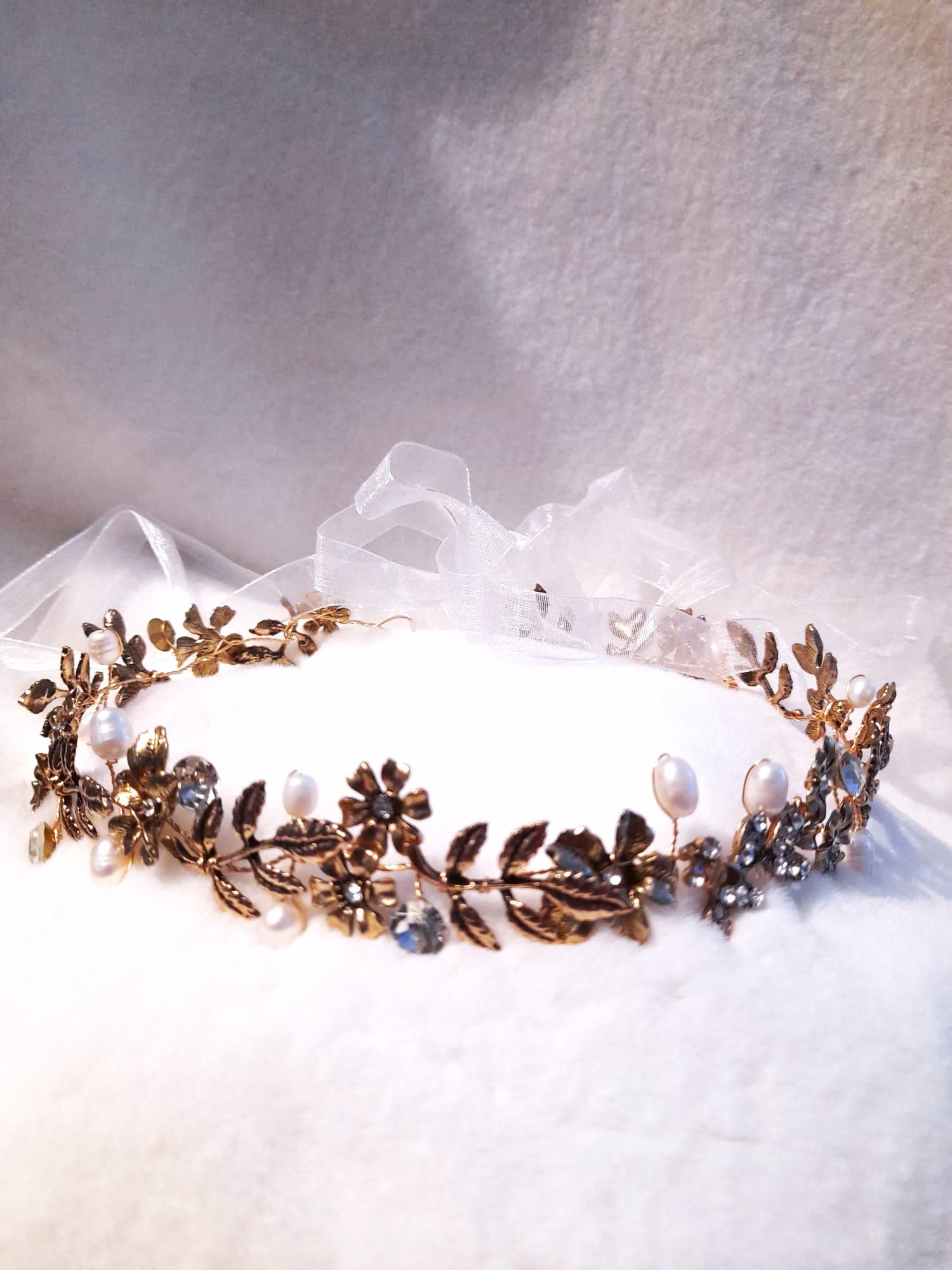 Gold Floral Headband With Crystals and Pearls for Bride or  display picture 2