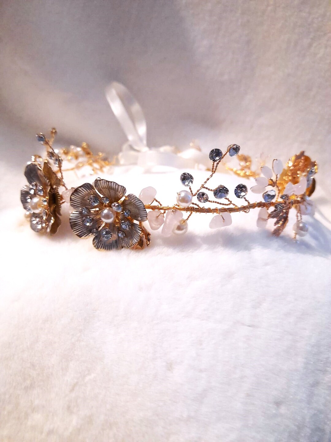 Tender jewelled and gold petals headband main image 1