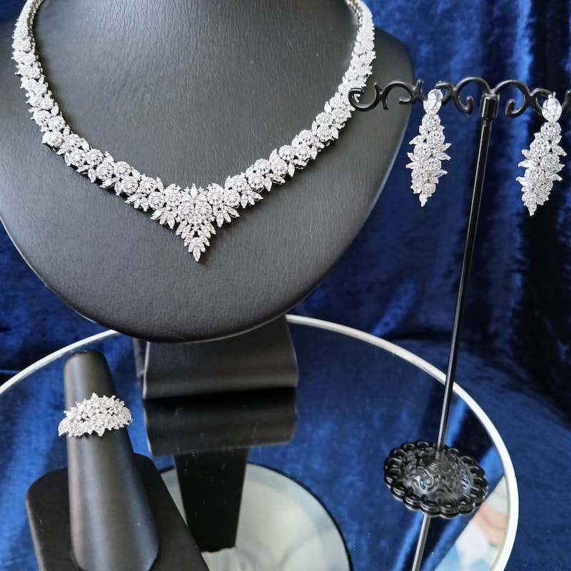 White Cubic Zirconia Necklace Set for Women Dubai Bridal Jewelry 2Pcs