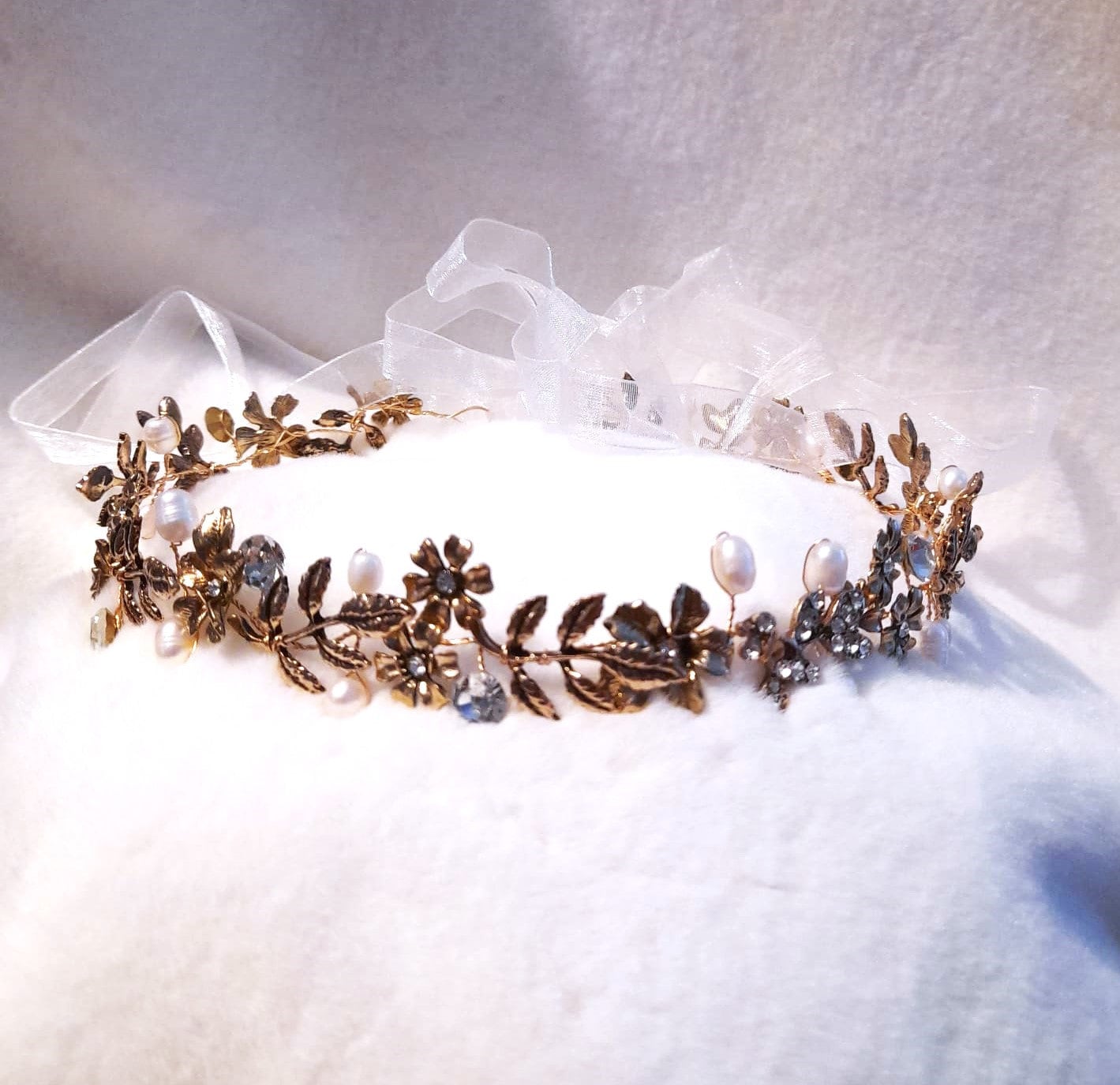 Gold Floral Headband With Crystals and Pearls for Bride or  display picture 1