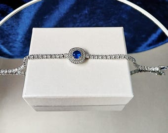 Saffierblauwe armband met zirkoniakristal: zilveren bruiloftpolsbandje