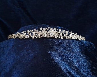 Minimalist Silver Wedding Tiara In Elven Style,Small Graduation Crown For Prom Or Pageant,Cubic Zirconia Floral Bridal Diadem For Bride