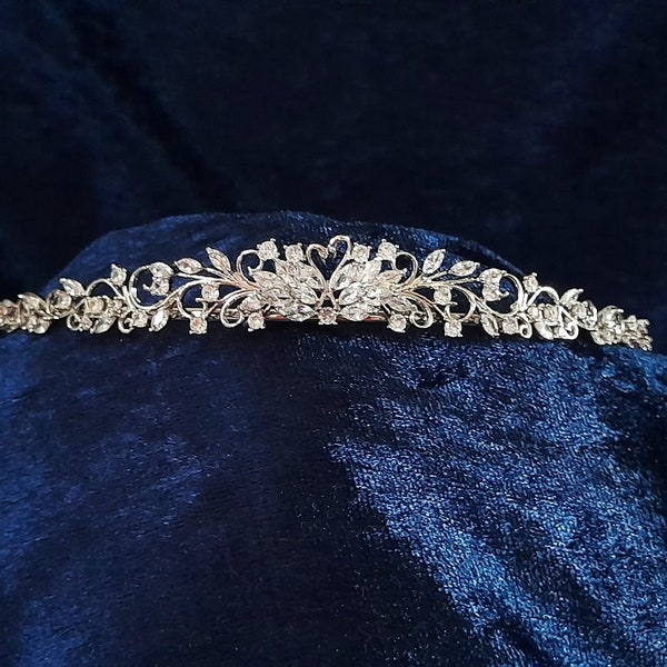 Minimalist Silver Wedding Tiara In Elven Style,Small Graduation Crown For Prom Or Pageant,Cubic Zirconia Floral Bridal Diadem For Bride