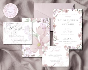 Suite de faire-part de mariage floral rose pâle : modèle personnalisable (téléchargement numérique)