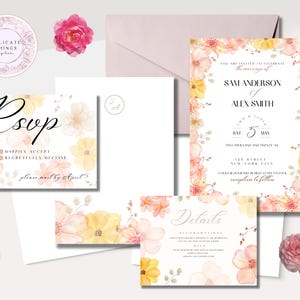 May include: A collection of wedding stationery featuring floral designs in soft pink and yellow hues. The set includes invitations, RSVP cards, and details cards, with text that reads "Sam Anderson & Alex Smith" and "RSVP". A pink envelope and decorative flowers complete the arrangement.