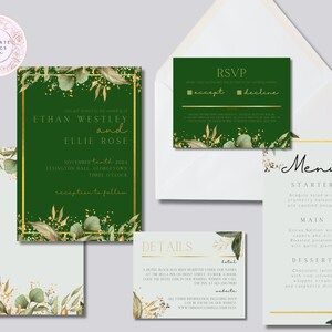 Aanpasbare gouden salie sjabloon voor briefpapier voor bruiloften met omkeerbare huwelijksuitnodiging, RSVP-kaart, menu en detailskaart