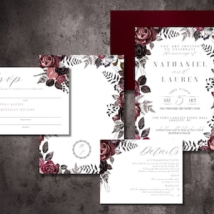 Aanpasbare humeurige romantische bruiloft briefpapier sjabloonsuite met omkeerbare huwelijksuitnodiging, RSVP-kaart en detailskaart