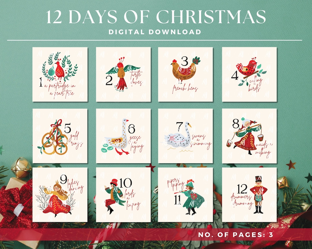 12 Days of Christmas Printable 4x4 Cards Set Festive - Etsy Australia