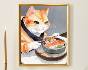 Puede incluir: Una pintura de acuarela de un gato con un kimono azul, sosteniendo palillos y comiendo un cuenco de sushi. El gato tiene pelo naranja y blanco y ojos verdes.