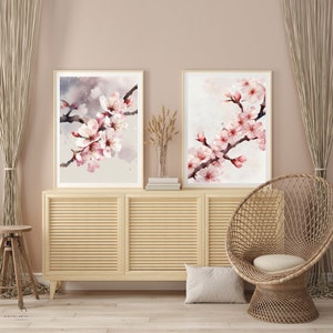 Ethereal Sakura Serenity: Sakura Blossom Digital Art Set, 2 pieces printable wall art, instant download double set