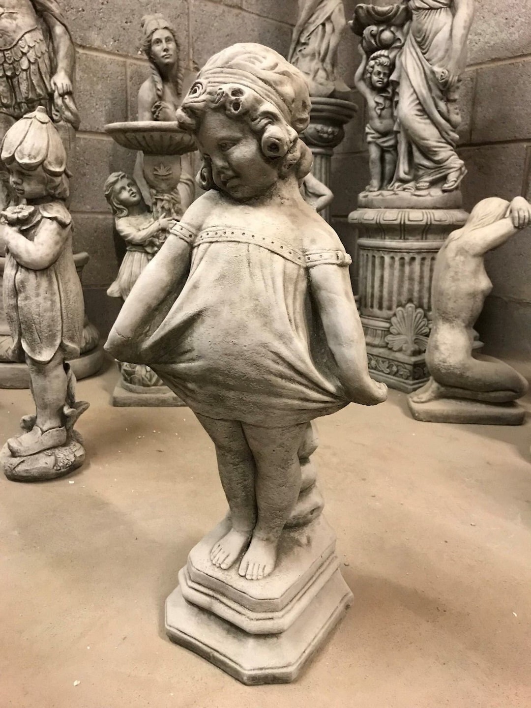 Shy Girl Statue Cement Child Sculpture Stone Female Figurine Concrete