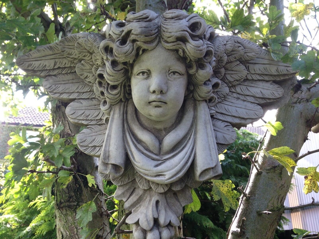 Cherub Head Sculpture Wall Hanging Shelf Stone Garden Plaque Etsy