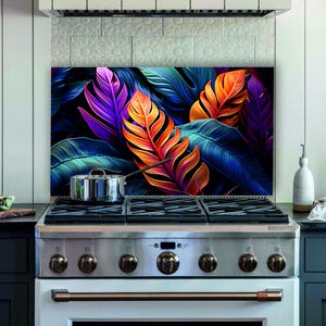 Tempered Glass Stove Backsplash: Tropical Leaf Kitchen Decor