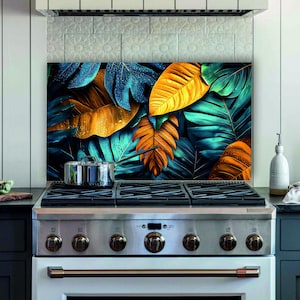 Tempered Glass Stove Backsplash: Tropical Leaf Kitchen Decor