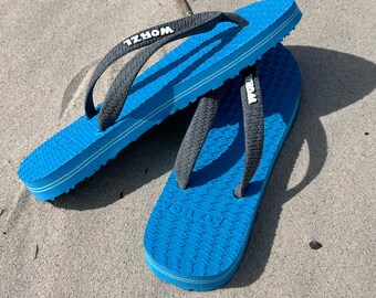 Brilliant Blue Flip Flops - Non plastic, natural rubber and hand made in the UK by WorzlFootwear