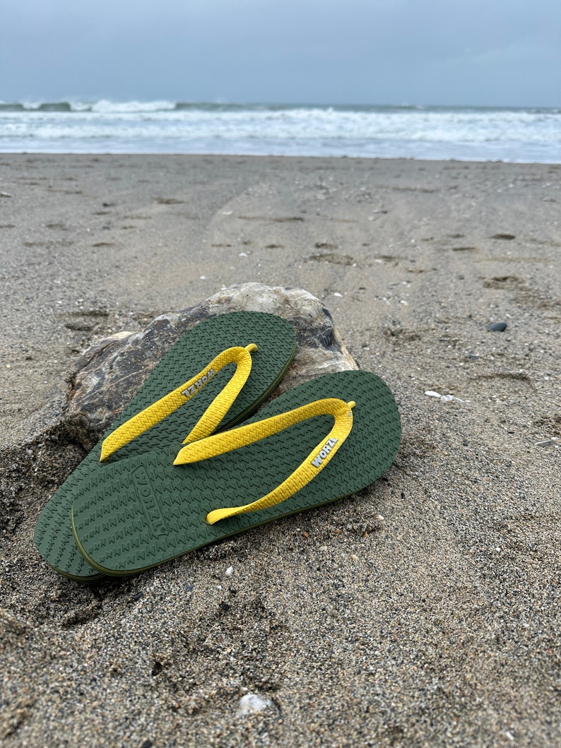 Forest Green Flip Flops Non plastic, natural rubber flip flops, hand made in the UK by WorzlFootwear image 2