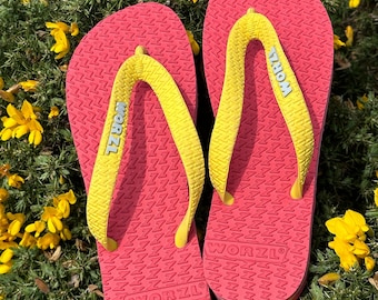 Bright Red Flip Flops - Non plastic, natural rubber flip flops hand made in the UK by WorzlFootwear.