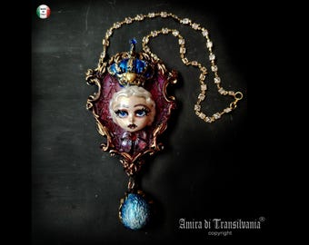 Prince Charming, Royal Crown Belle Epoque Jewelry, Art Deco Nouveau Doll Head Sculpture Pendant, Luxury Golden Age Charm