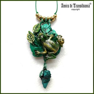Witch Familiar, Frog Necklace Leaves Stone, Spirit Guide Pendant Jewelry, Greenery Greenfrog Animal Polymer Clay Amulet