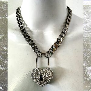 Silver Pendant, Hip Hop Necklace Jewelry, Rapper Chain Padlock Heart, Crystal Locket Charm, Jewellery Gangsta Rap Trap