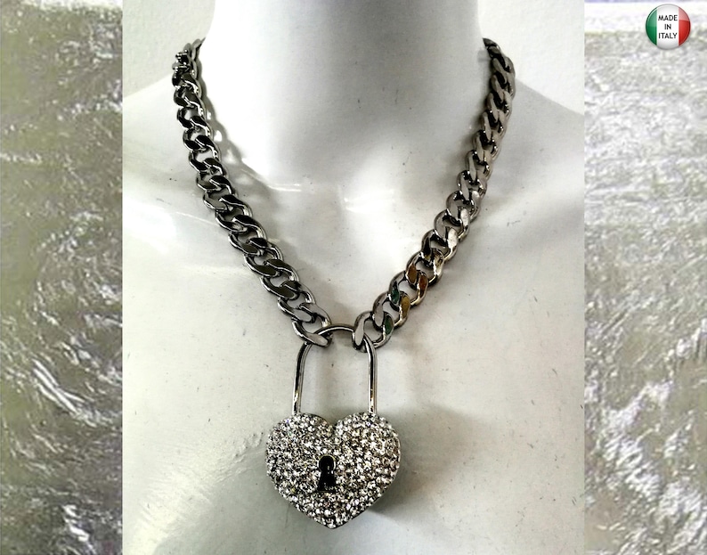 Silver Pendant, Hip Hop Necklace Jewelry, Rapper Chain Padlock Heart, Crystal Locket Charm, Jewellery Gangsta Rap Trap