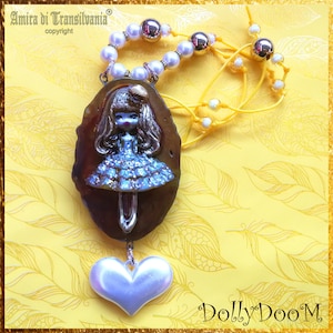 Polymer Clay Doll Pendant, Art Doll Handmade Fantasy Jewelry, Collectible Miniature Bead Necklace Sculpture Dolly Heart