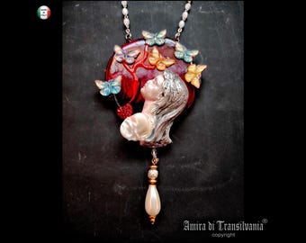 Belle Epoque Jewelry, Art Deco Nouveau Doll Head Sculpture Pendant, Butterfly Tree of Life Liberty Style Pearl Charm Bib