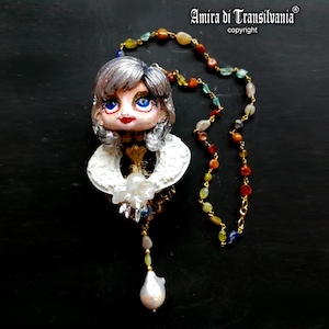 Art Deco Pendant Doll, Madame Bovery Locket Amulet, Art Nouveau Stones Jewelry Natural Pearl, Necklet Precious Gemstone