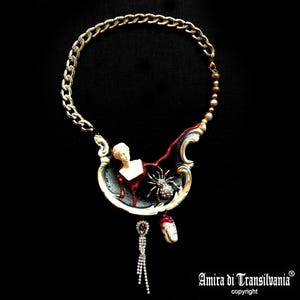 Brutalist Jewelry, Asymmetrical Necklace Antique Statue, Statement Chunky Bib Necklace, Spider Anatomical Finger Charm