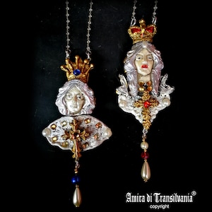 Royal Crown, Imperial Queen and King, Baroque Pendant Doll Head, Luxury Locket Rococo Jewelry Victorian Chain Pearl Bib
