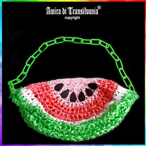 Wassermelone Geldbörse Melon Bag Midi Henkel, Designer Handtasche Couture Obst Muster, Bast Häkeln Schulter Handtasche Strand