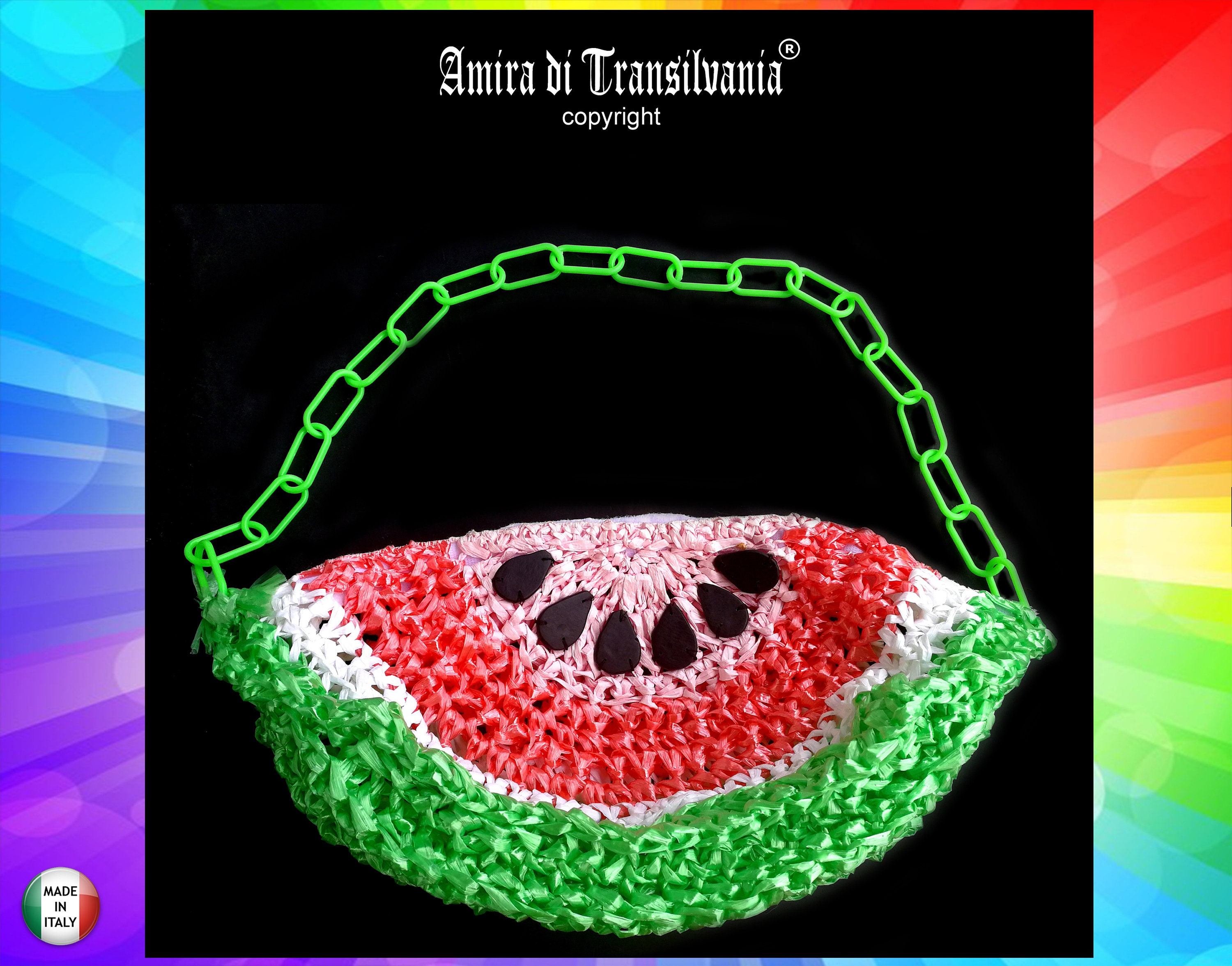 Watermelon Purse Melon Bag Midi Handle, Designer Handbag Couture Fruit Pattern, Raffia Crochet Schoulder Hand Bag Beach