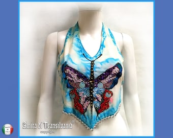 Camiseta sin mangas azul, top corto para mujer, camiseta sin mangas de verano, blusa bordada con hombros descubiertos, mariposa, chaleco recortado de noche