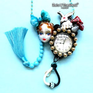 White Rabbit Candy Necklace Alice in Wonderland, Faity Tale Jewelry Doll Head Pendant, Mad Hatter Right Time Whiterabbit