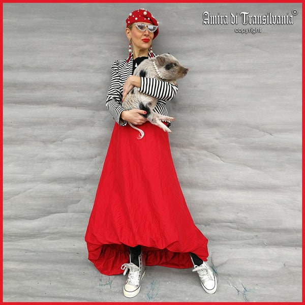 Red Skirt Long Maxi, A-line Circle Bridesmaid Ballon Skirt for Ballet & Dance, Woman Prom Elegant Luxury Ladies Clothing