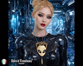Colar futurista com pingente de alienígena, joia vanguardista de OVNI, berloque de pérola extraterrestre da Área 51.
