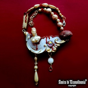 Brutalist Jewelry, Asymmetrical Necklace Antique Statue, Statement Chunky Bib Necklace, Anatomical Brain Jewelry Charm