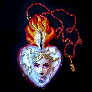 Youll be in my Heart, Doll Head Art Deco Luxury Jewelry, Open Heart Pendant Jewellery Charm, Burning Flame I love You