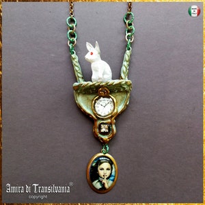 White Rabbit Candy Necklace Alice in Wonderland, Faity Tale Jewelry Doll Head Pendant, Mad Hatter Right Time Whiterabbit