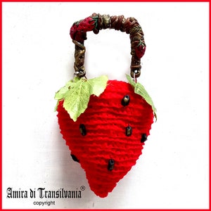 Erdbeer Tasche Skulptur Griff, Designer Handtasche Couture rotes Obst Muster, gehäkelte Schulter Handtasche