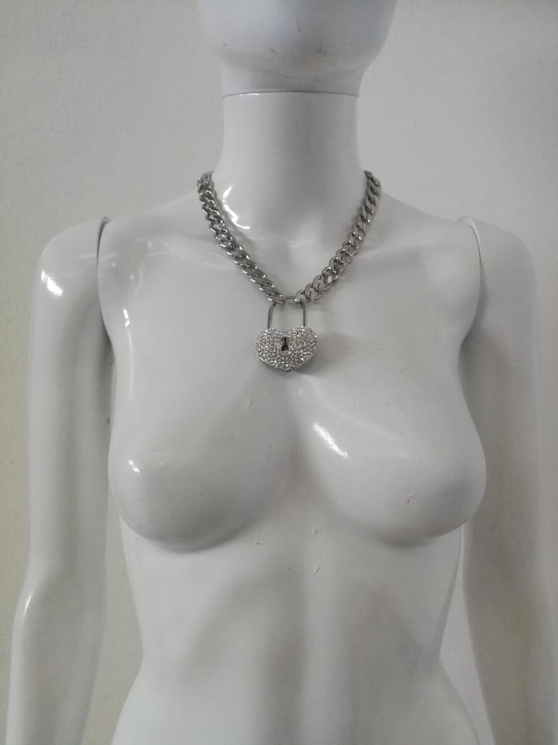 Silver Pendant, Hip Hop Necklace Jewelry, Rapper Chain Padlock Heart, Crystal Locket Charm, Jewellery Gangsta Rap Trap