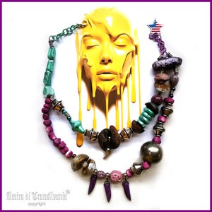 Layered Necklace, Handmade Stone Charm, Rainbow Silver Beaded Choker Collar, Neo Brutalist Design Chunky Classic Jewelry