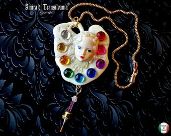 Belle Epoque Jewelry, Art Deco Nouveau Doll Head Sculpture Pendant, Woman Painter Artist Palette, Necklace Crystal Charm