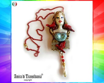 Belle Epoque Jewelry, Art Deco Nouveau Doll Head Sculpture Pendant, Red Bird Cage Golden Liberty Style, Pearl Charm Bib
