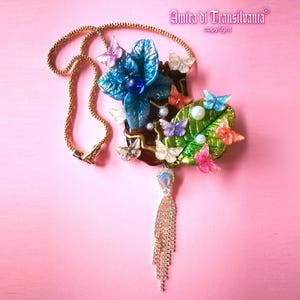 Art Deco Necklace, Flower Leaf Elegant Pendant, Belle Epoque Butterfly Jewelry Locket, Medallion Strass Crystal Tassel