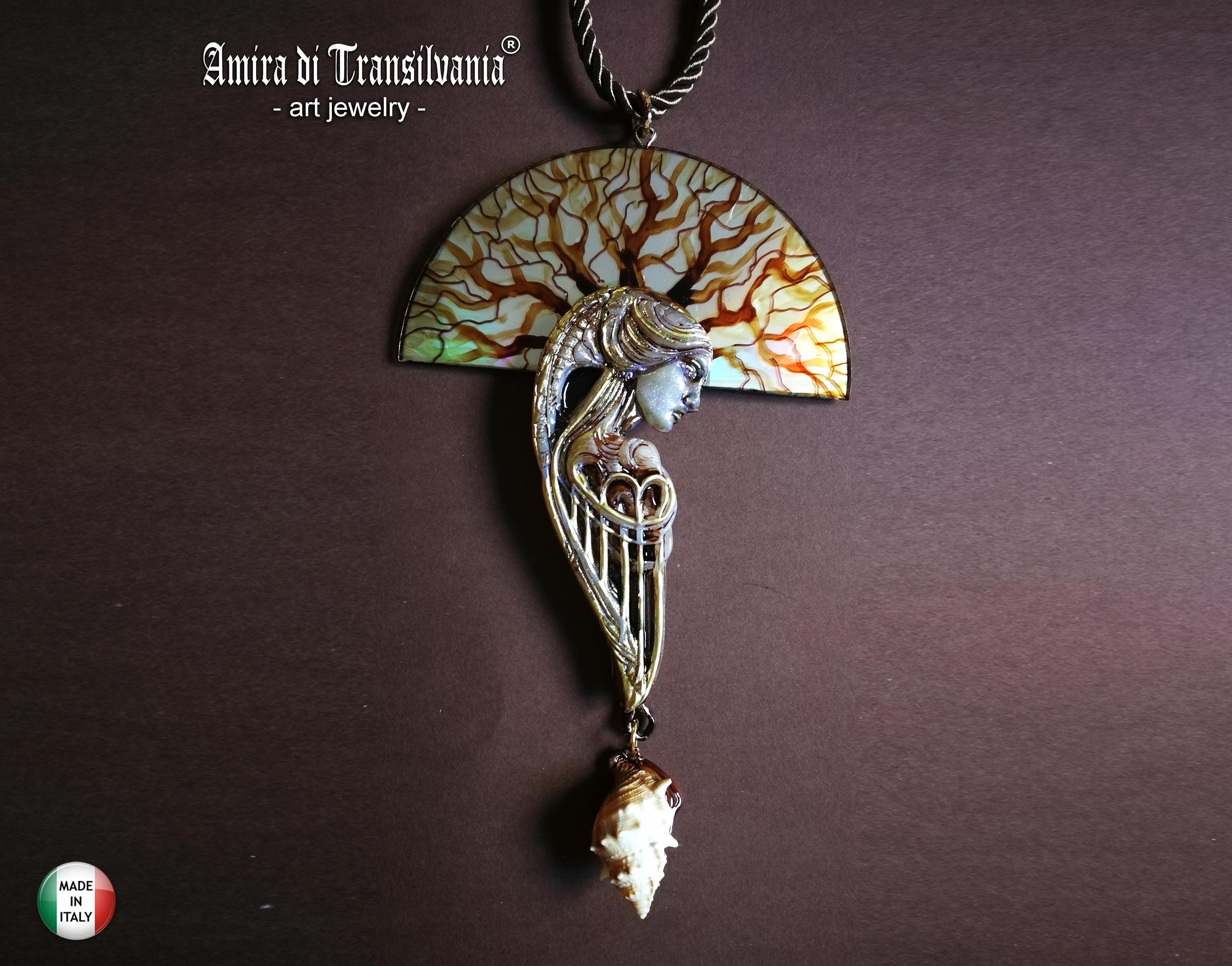 Siren Mermaid, Belle Epoque Jewelry Art Noiuveau, Liberty Style Bib Pendant Seashell Charm Shell, image size:3000x2353