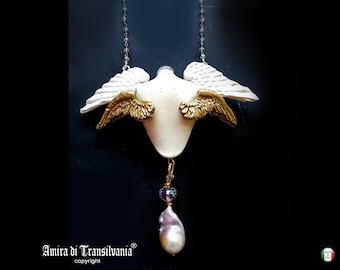 Guardian Angel, Winged Pendant Necklace Archangel Jewelry, Art Deco Celestial Cherubim Seraphim, Natural Pearl Charm Bib