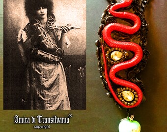 Collier En Argent Massif 925 - Pendentif Serpent Avec Pomme Rouge émaillée, Style Fruit Défendu