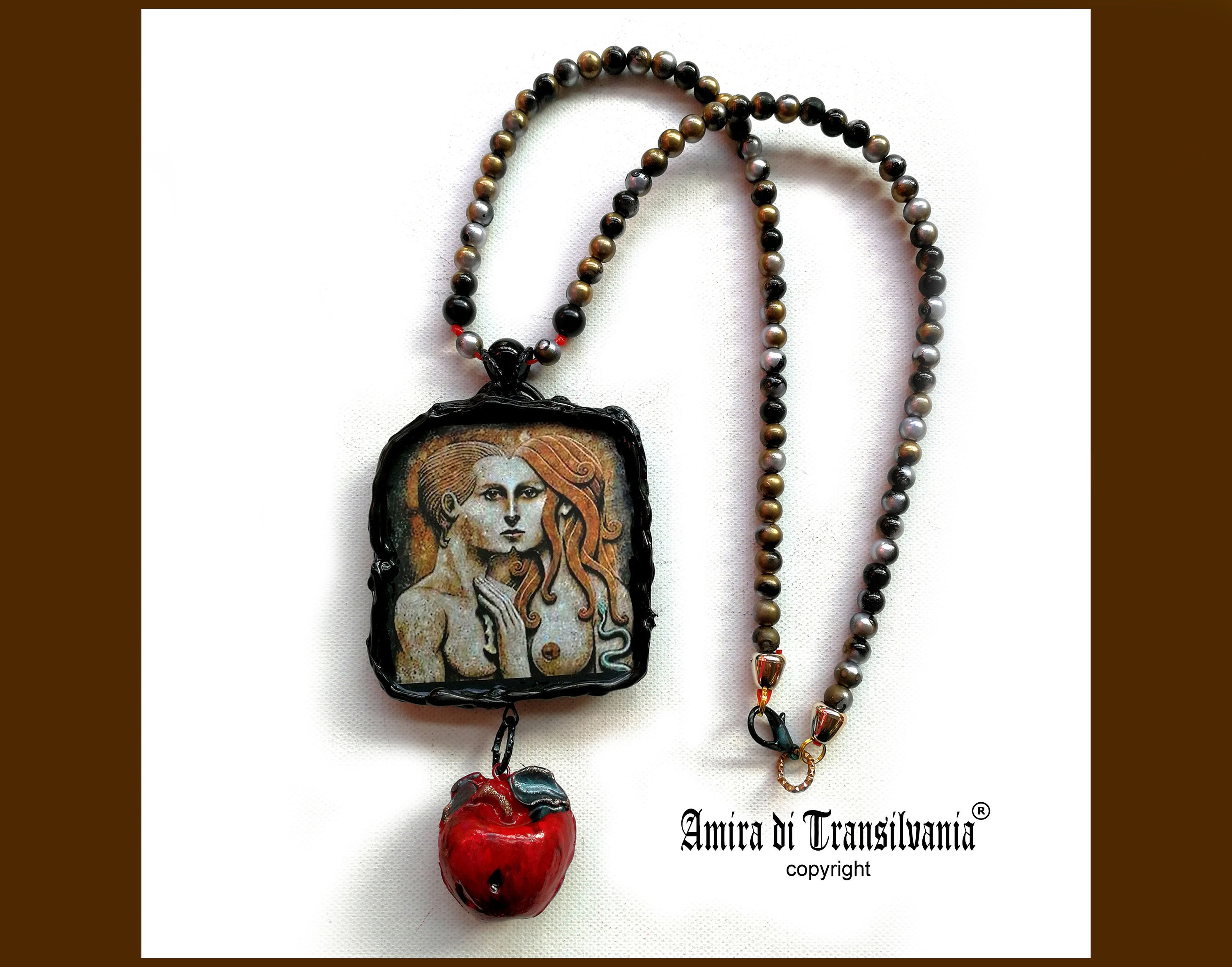 Love Talisman, Law of Attraction Loveling Jewelry, Adam and Eve Pendant Beads, Red Apple Paradise Portrait Locket Charm